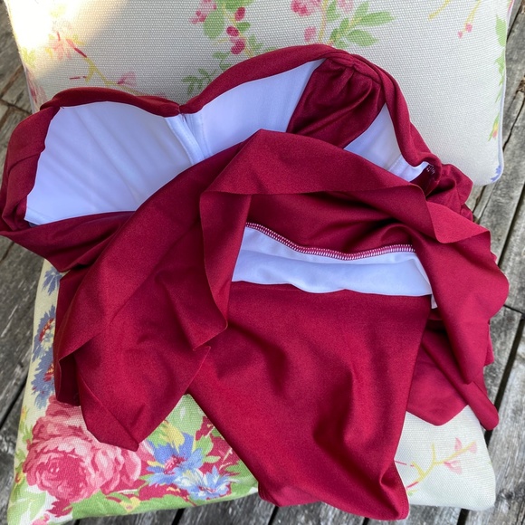 Exquisite Swim Dress in a Dark Raspberry Red Ruched Wide Straps Tiered Skirt - Picture 5 of 16